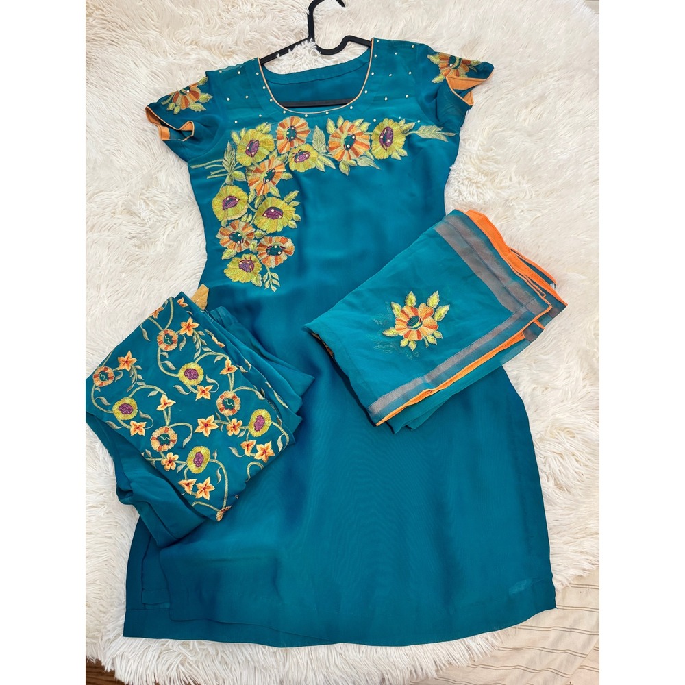 Vintage Teal Floral Embroidered Salwar Kameez 3 Piece Set Punjabi Suit Scarf